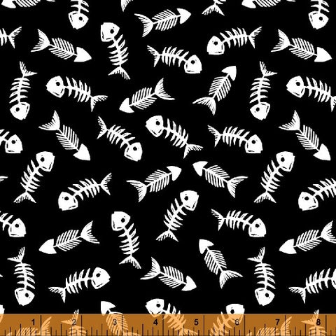 Cat Happy - Bones - Black  Fabric - StoryQuilts.com