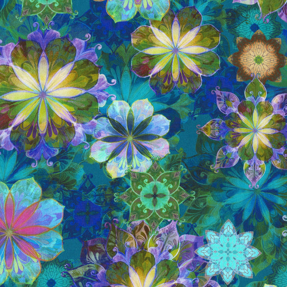 Teal Multi Floral - from Venice by Robert Kaufman, sold in 1/2 yard increments