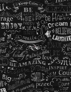 CHALKBOARD HAPPY WORDS FUN-C2786  BLACK,  sold in half yard increments - 0