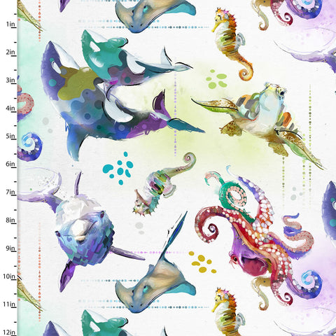 Allover Sea Life in the Shining Sea collection by Connie Haley for 3 Wishes, 21689-wht 1/2 yard