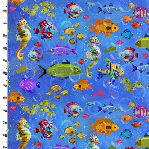 Fishes Galore in the Shining Sea collection by Connie Haley for 3 Wishes, 21690-mlt 1/2 yard