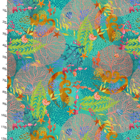 Colorful Coral in the Shining Sea collection by Connie Haley for 3 Wishes, 21692-trq 1/2 yard
