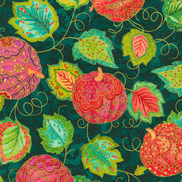 Pumpkins Teal w/Metallic,  sold in 1/2 yard increments