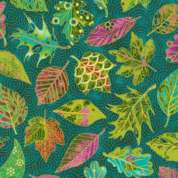 Leaves Teal w/Metallic, comes in 1/2 yard increments  Fabric - StoryQuilts.com