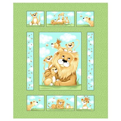 Green Lyon the Lion Squares Quilt Panel 36in