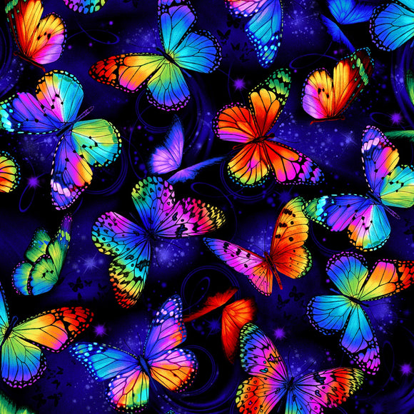 Multi Bright Butterflies Flying # C8530-MULT, sold in 1/2 yard increments