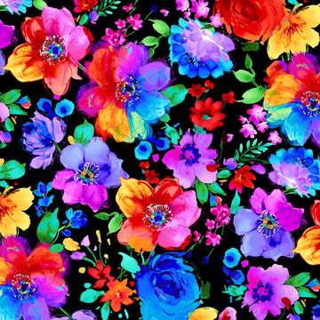 Black Large Bright Painted Florals # CD1712-BLACK  Fabric - StoryQuilts.com