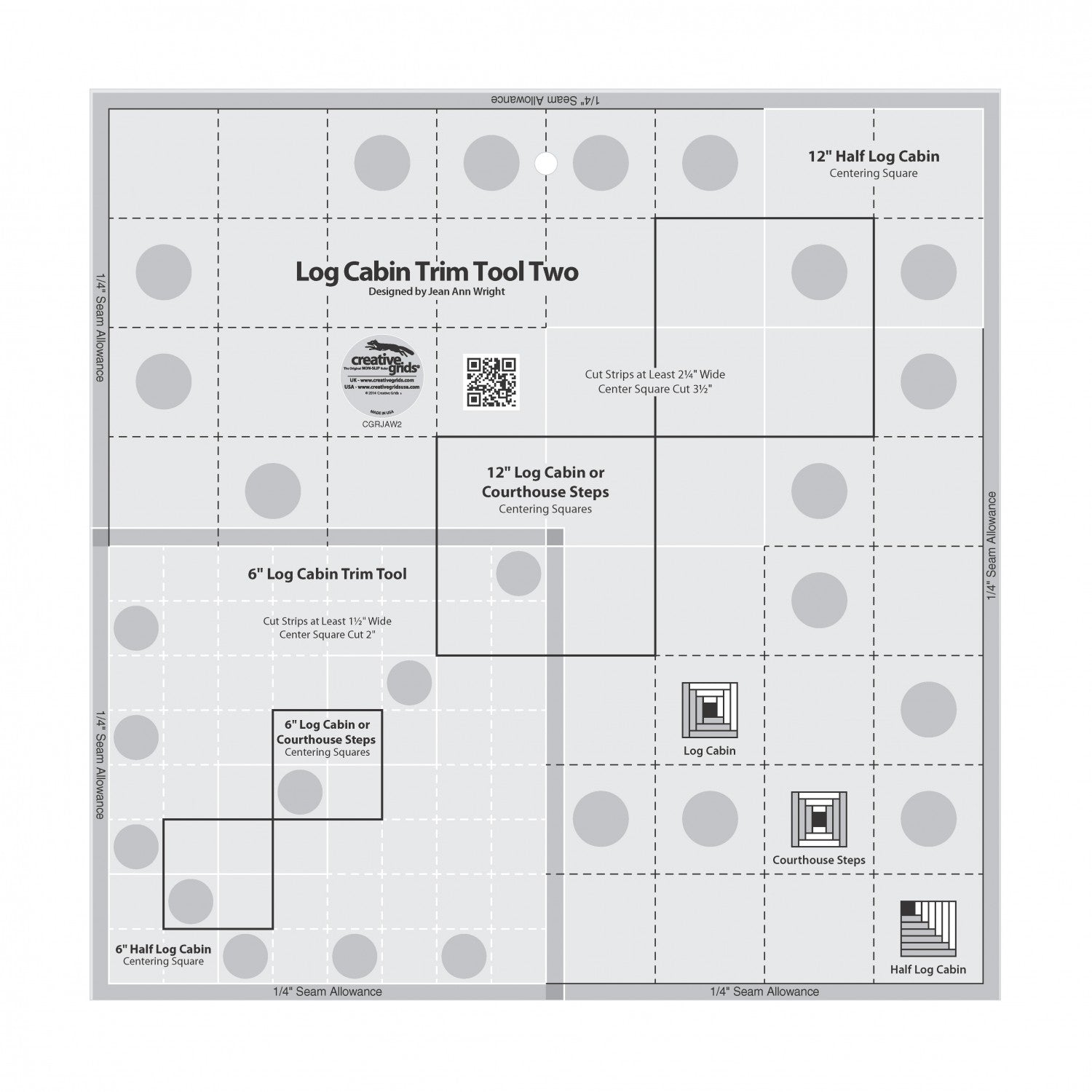 Creative Grids Log Cabin Trim Tool Two 6in & 12in Blocks Quilt Ruler # CGRJAW2