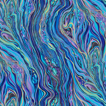 Blue Utopia Metallic Blue Marble  Fabric - StoryQuilts.com