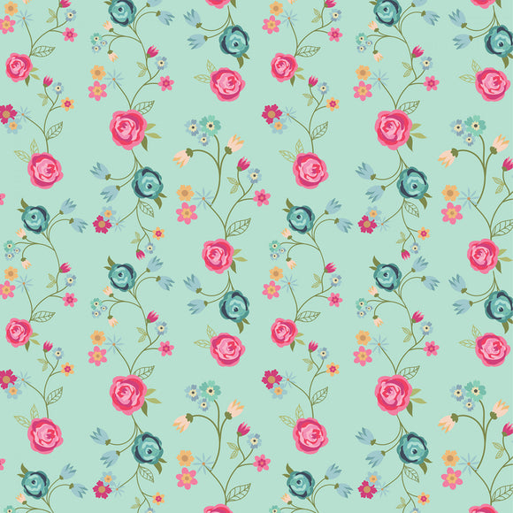Calico Cowgirls Teal Floral & Vines CW24817,  sold in 1/2 yard increments