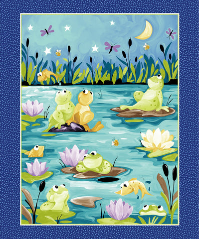 Nighttime pond scene with lily pads, frogs, fish and dragonflies.