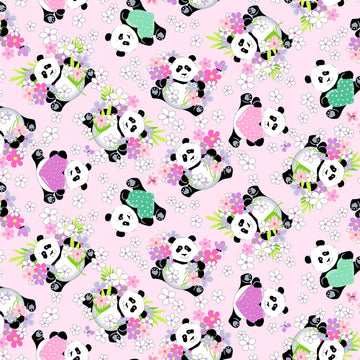 Pink Panda Party Tossed Pandas # SB20427-520, sold in 1/2 yard increments  Fabric - StoryQuilts.com