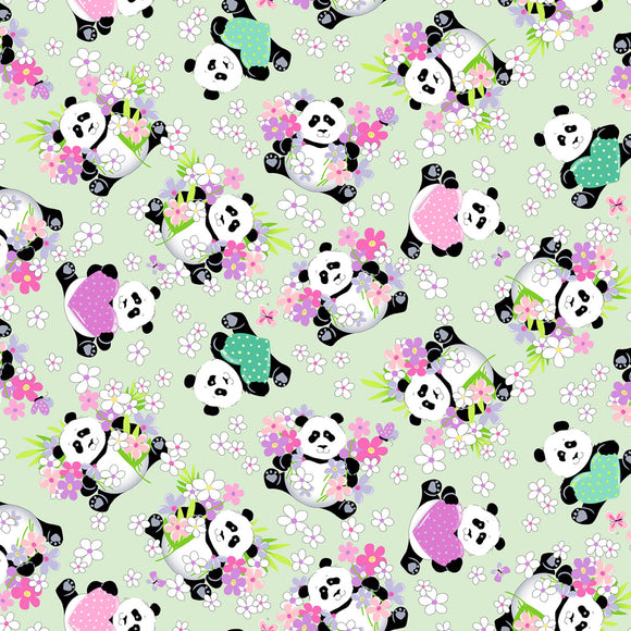 Soft Green Panda Party Tossed Pandas # SB20427-835, sold in 1/2 yard increments