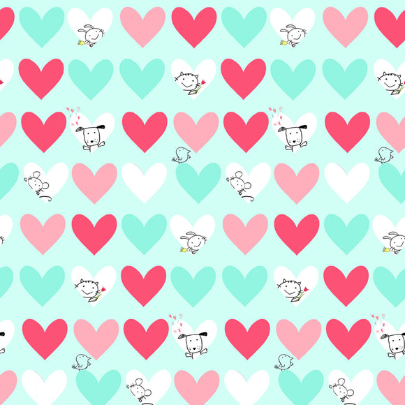 Light Teal Love is in the Air Digital Peekaboo Hearts Valentines # Y4292-103,  sold in 1/2 yard increments