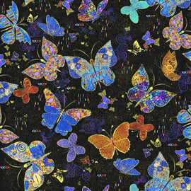 Timeless Treasures Black large Flying Metallic Butterfly, sold in 1/2 yard increments