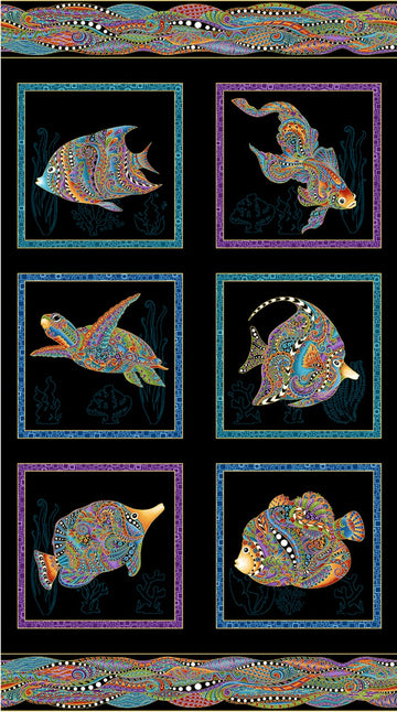 Black Hooked on Fish Squares Panel w/Metallic # 13000MB-12  Fabric - StoryQuilts.com
