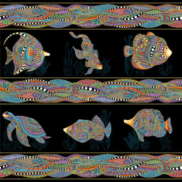 Black Hooked on Fish Stripe w/Metallic  13002MB-12  Fabric - StoryQuilts.com