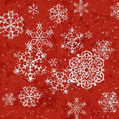Sheltering Snowman Snowflake Red  Fabric - StoryQuilts.com