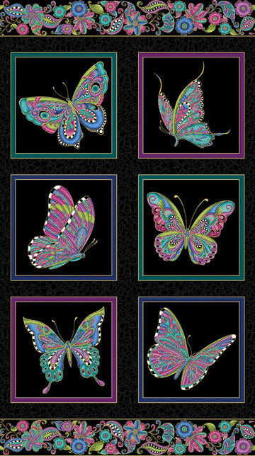 Black Alluring Butterflies Panel w/Metallic  Fabric - StoryQuilts.com