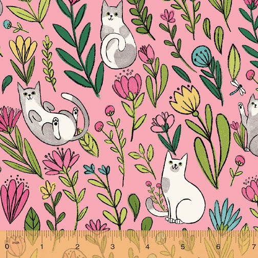 Catnip Pink Flower Cats  Fabric - StoryQuilts.com