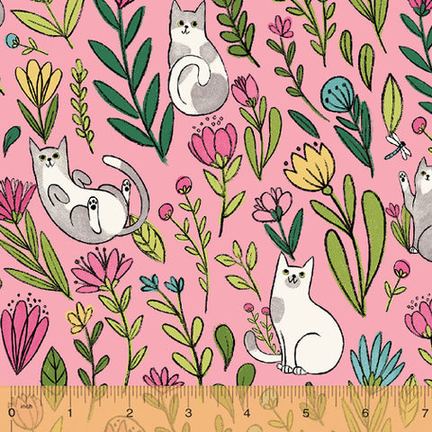 Catnip Pink Flower Cats  Fabric - StoryQuilts.com