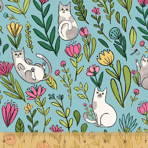 Catnip Aqua Flower Cats  Fabric - StoryQuilts.com