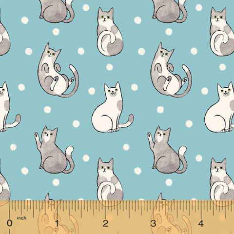 Catnip Aqua Happy Cats  Fabric - StoryQuilts.com