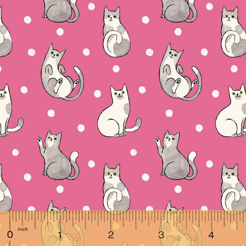 Catnip Fuchsia Happy Cats  Fabric - StoryQuilts.com