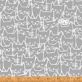 Cat Happy - Cat Faces - Grey  Fabric - StoryQuilts.com