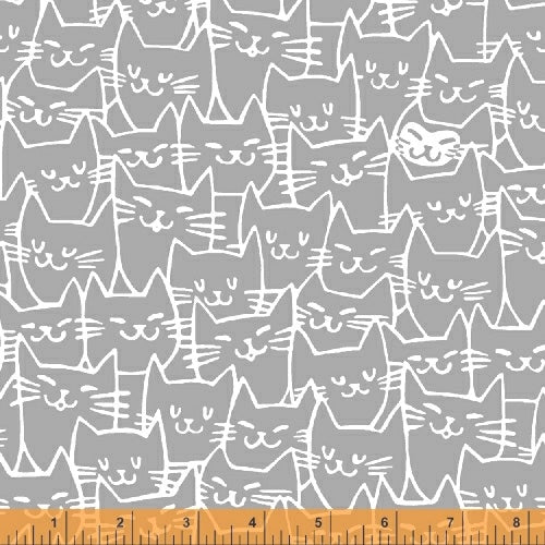 Cat Happy - Cat Faces - Grey  Fabric - StoryQuilts.com