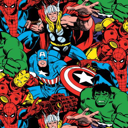 Marvel Characters Comic Pack Quilting Fabric featuring Thor, Iron Man, Spider Man, and the Hulk