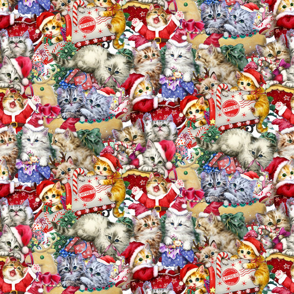 Christmas Packed Kitten - White. Comes in half yard increments