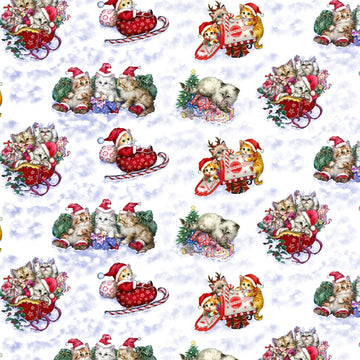 Kitten Playing in the Snow - White. Comes in half yard increments  Fabric - StoryQuilts.com