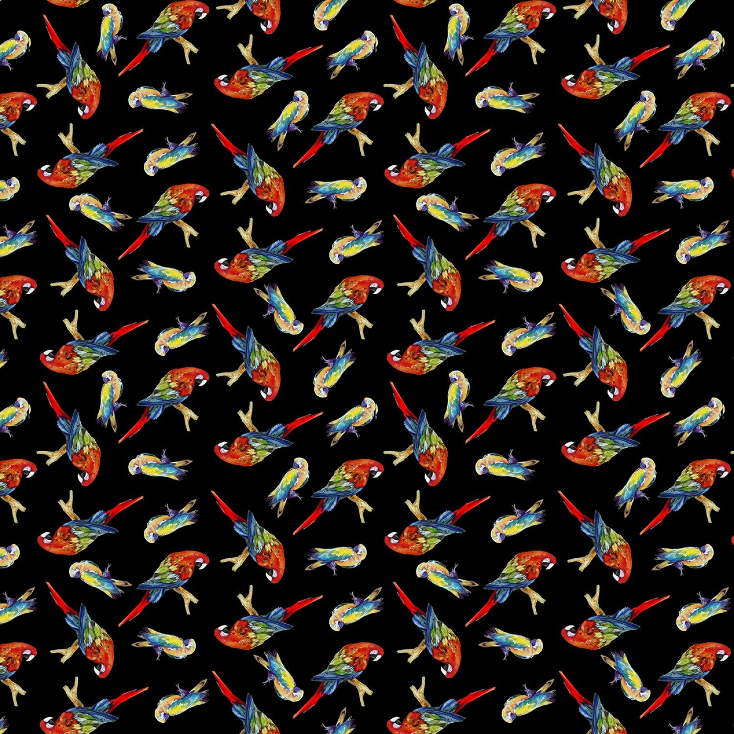 Black Tossed Parrots Digitally Printed  Fabric - StoryQuilts.com