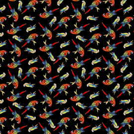 Black Tossed Parrots Digitally Printed  Fabric - StoryQuilts.com
