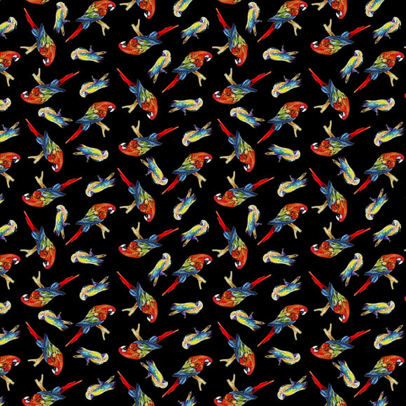 Black Tossed Parrots Digitally Printed  Fabric - StoryQuilts.com
