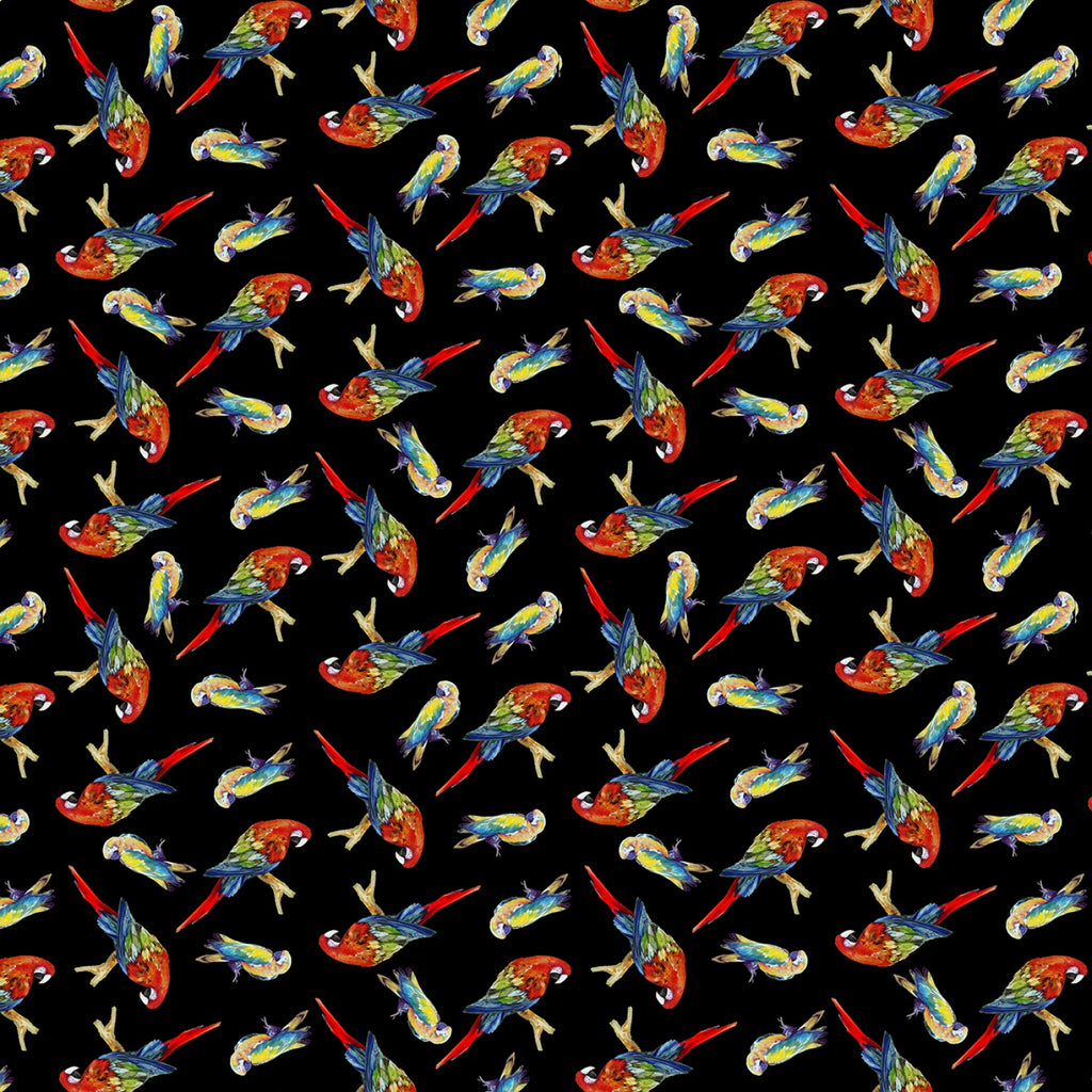 Black Tossed Parrots Digitally Printed  Fabric - StoryQuilts.com