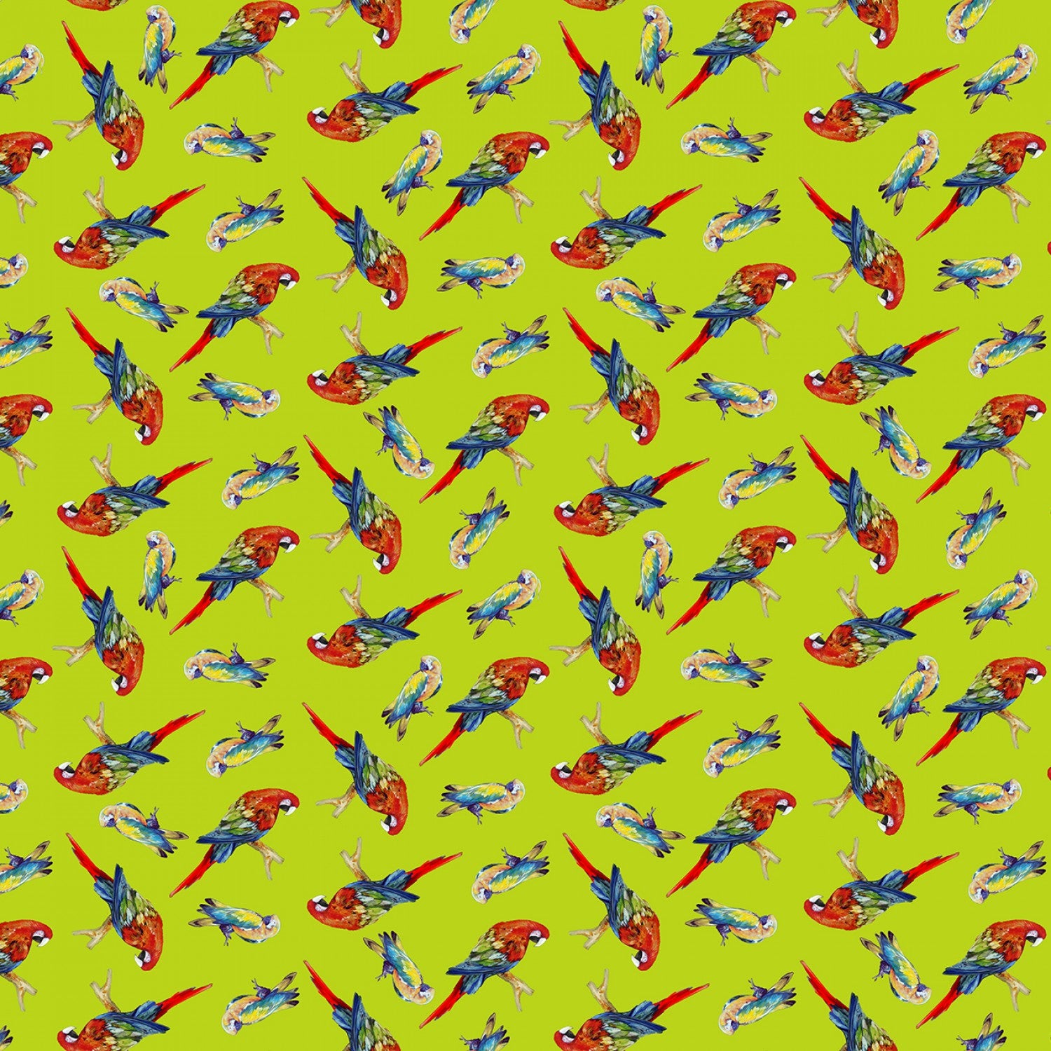 Lime Tossed Parrots Digitally Printed  Fabric - StoryQuilts.com