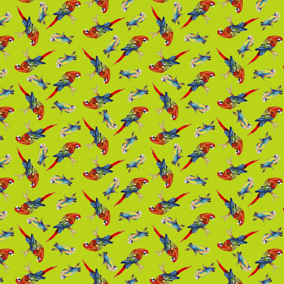 Lime Tossed Parrots Digitally Printed  Fabric - StoryQuilts.com