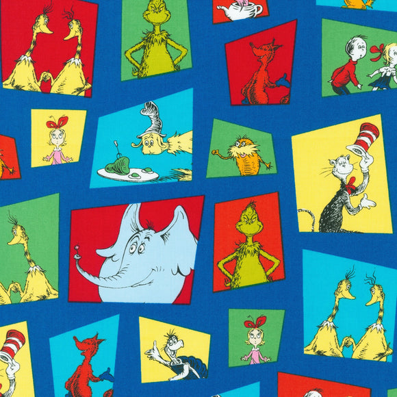 Dr. Seuss Favorite Characters- Blue,  sold in 1/2 yard increments