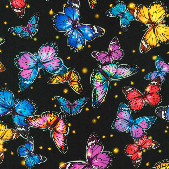 Butterflies with Black Background - Fantastic Forest,  sold in 1/2 yard increments
