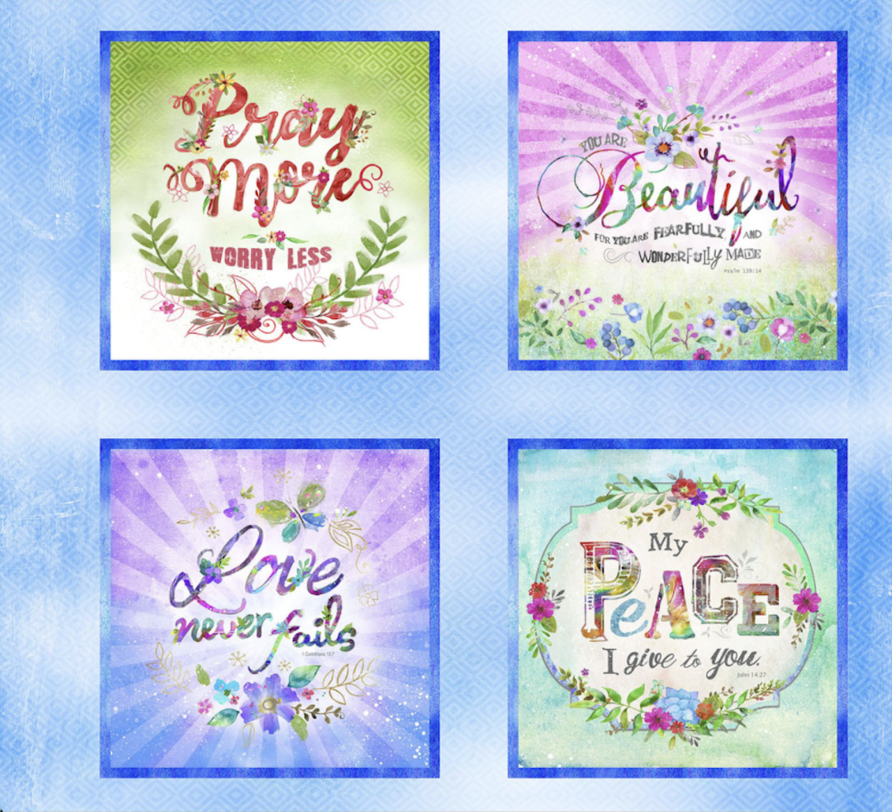 "Bloom with Grace" Blue Panel Digitally Printed by 3 Wishes