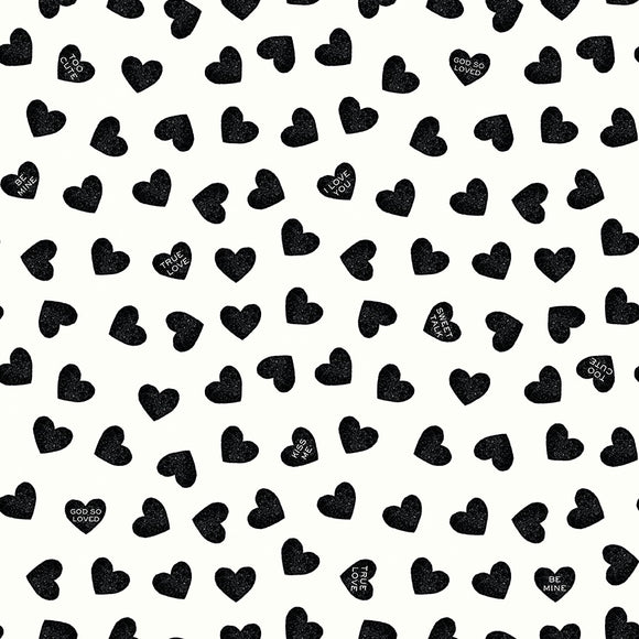 Be Mine Valentine Candy Hearts Black  1/2 yard cut