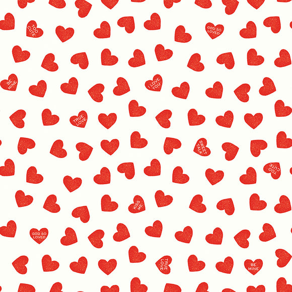 Be Mine Valentine Candy Hearts White  1/2 yard cut