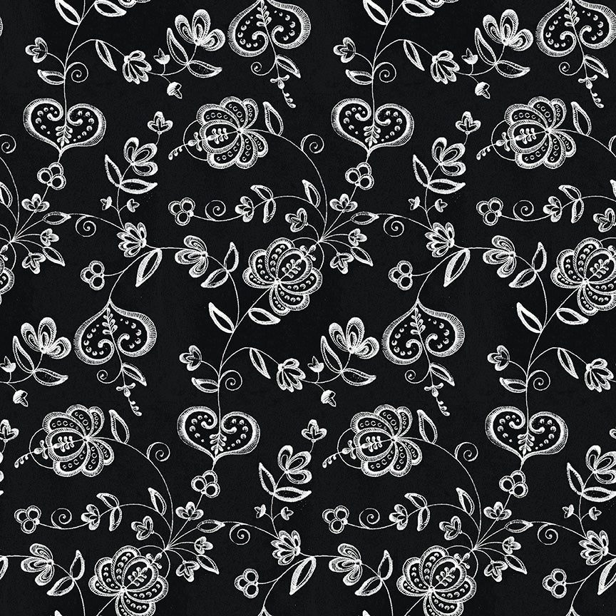 Be Mine Valentine Hearts And Flowers - Black  1/2 yard cut