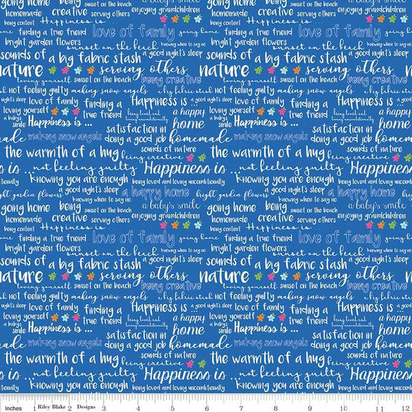 Simply Happy Text Blue  Fabric - StoryQuilts.com