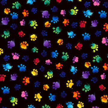 A fabric featuring a repeating pattern of colorful cat paw prints on a black background.