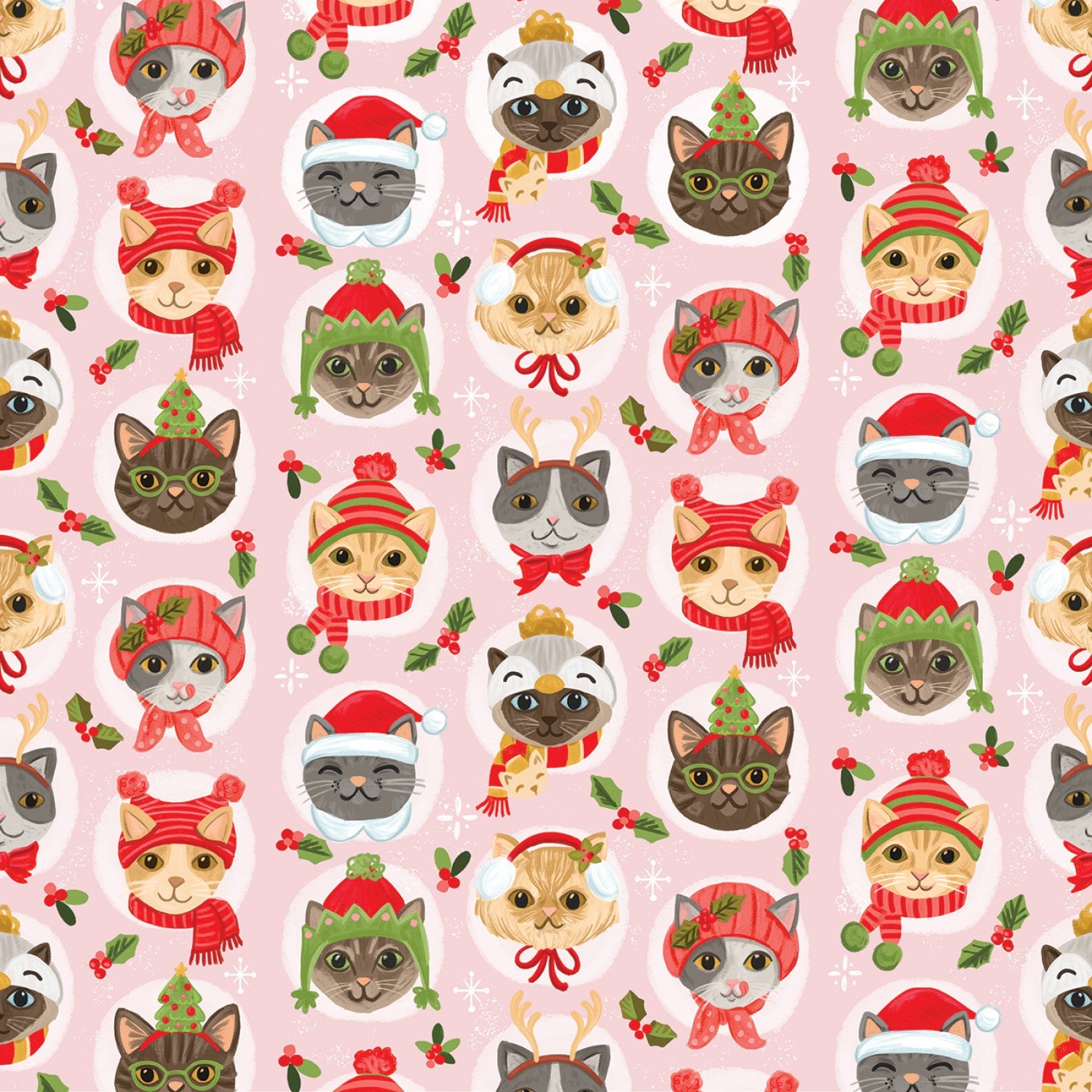 Pink Cat Faces In Holiday Hats by Timeless Treasures