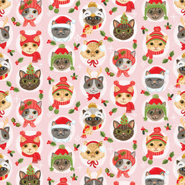 Pink Cat Faces In Holiday Hats by Timeless Treasures