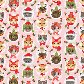 Pink Cat Faces In Holiday Hats by Timeless Treasures